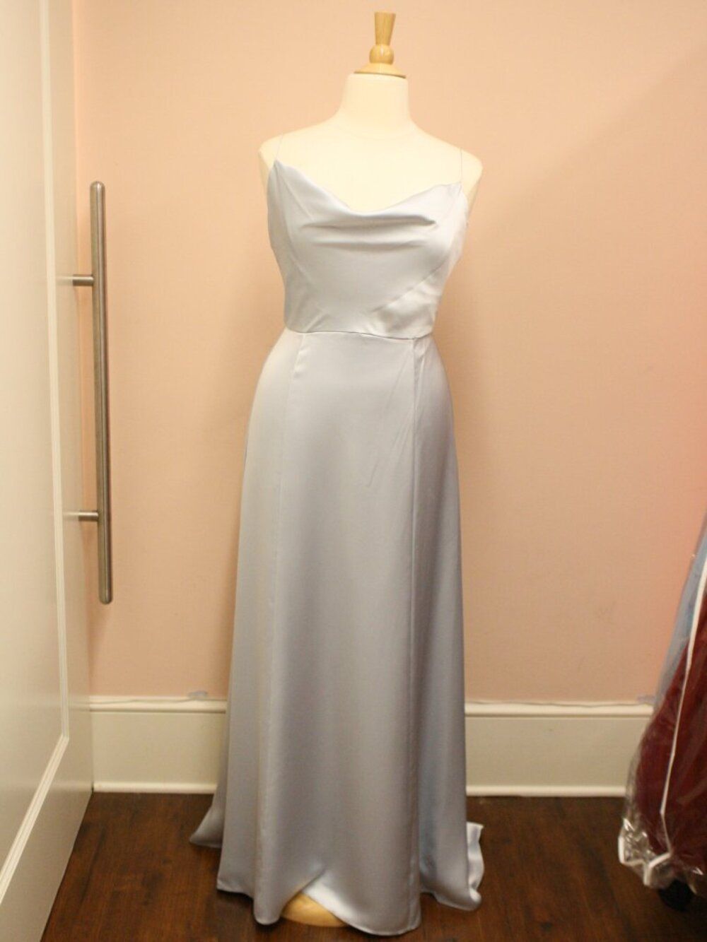 Floor Length Formal Satin Cowl Neck Aline Ice Blue Amsale Chloe Bridesmaid Dress